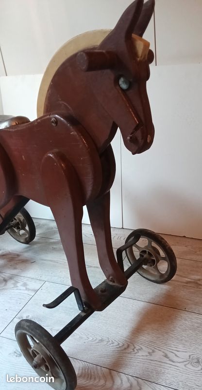 Jouet Ancien à Trainer - Cheval En Bois Et Métal Avec Sonnette - Tôle - Occasion