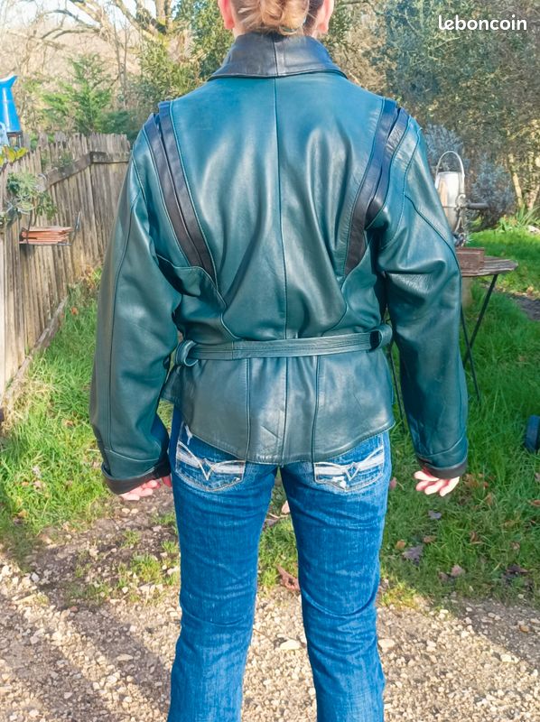 Blouson veste blazer cuir vert noir années 80 cintrée loose oversize ancien vintage (image 4)