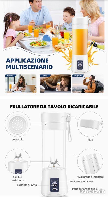 Mixeur Portable Smoothie HAPPTWS 380ml - Rechargeable USB, 6 Lames Inox, Blanc