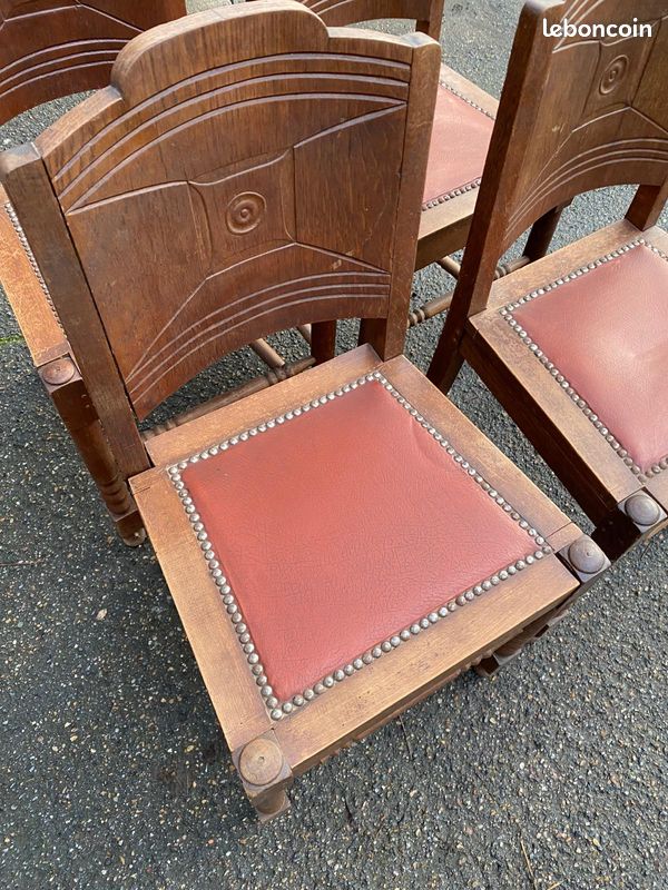 4 chaises gondoles art déco en bois massif chêne cuir skaï bordeaux 1930 (image 4)