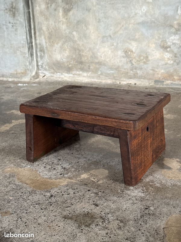 Petit tabouret d'appoint en teck upcyclé traces de chromie verte pied (3278) (image 8)