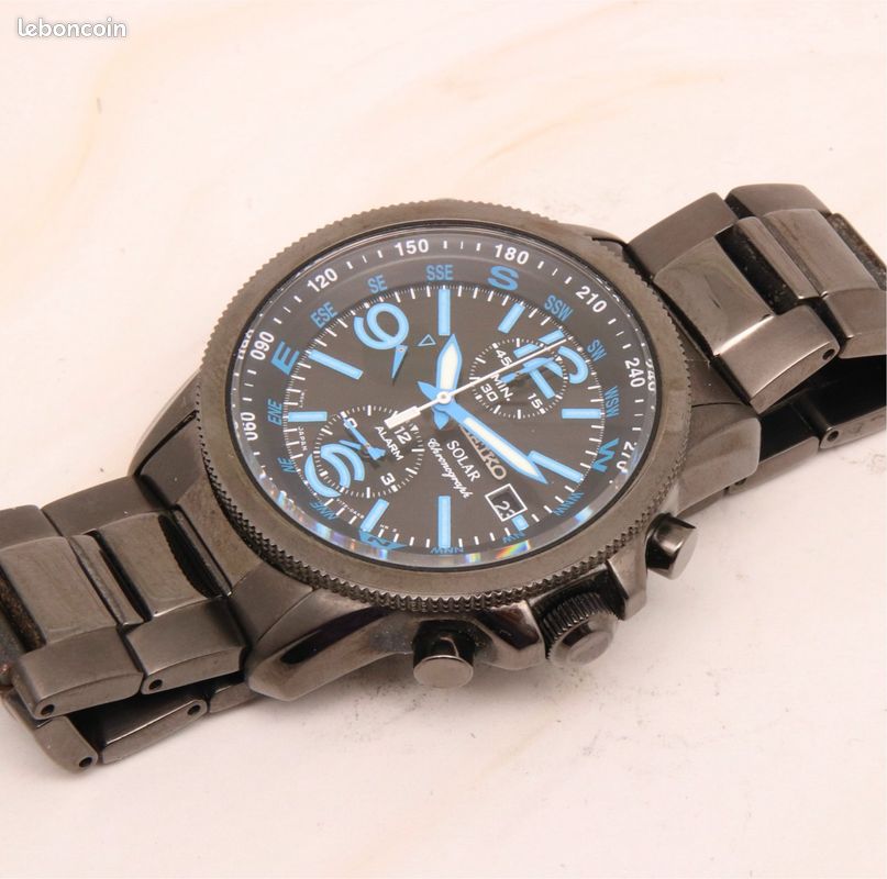 Montre Seiko Solar Homme Chronographe Alarme - Calibre V172, Cuir Marron, Occasion