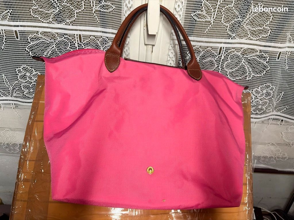 🎯Sac Longchamp Le Pliage Toile Rose Fuchsia — Anses Cuir Marron — Bon Etat ✨ (image 2)