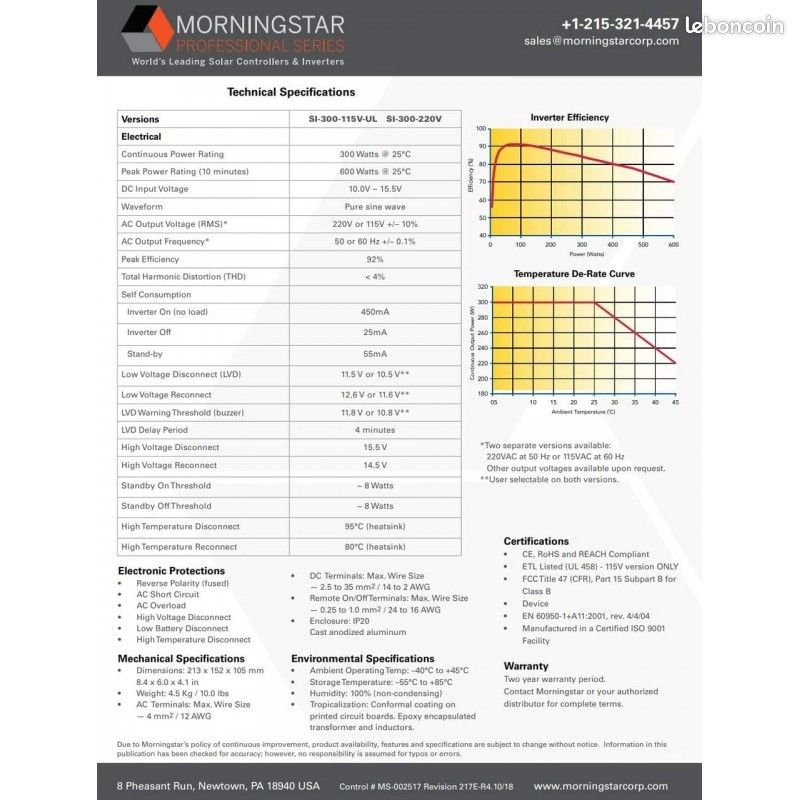 Convertisseur Morningstar SureSine Classic 300W import USA (image 2)