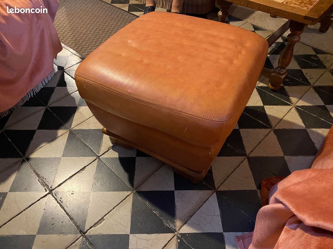 Canape cuir maron 3 places + pouf (image 2)
