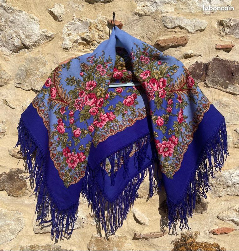Châle / Foulard Russe Pavlovo-Posad En Laine - Neuf Avec étiquette, Motif Floral Noir