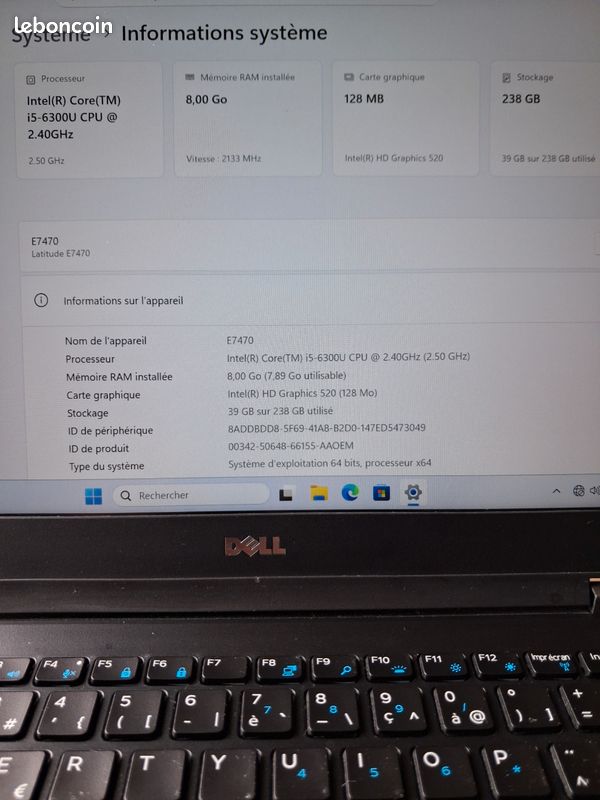 Pc Dell latitude e7470 14" i5 6th ssd 250Gb ddr4 8Go Win 11 pro - comme neuf (image 2)