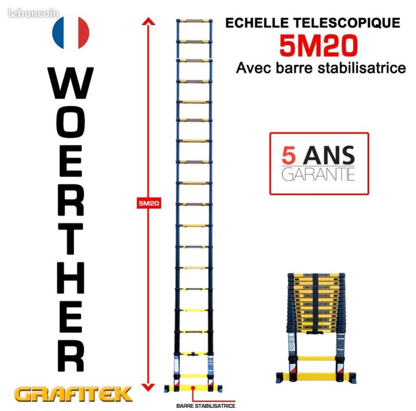 Echelle télescopique, 5m20 Woerther – Qualité supérieure – Garantie 5 ans (image 1)