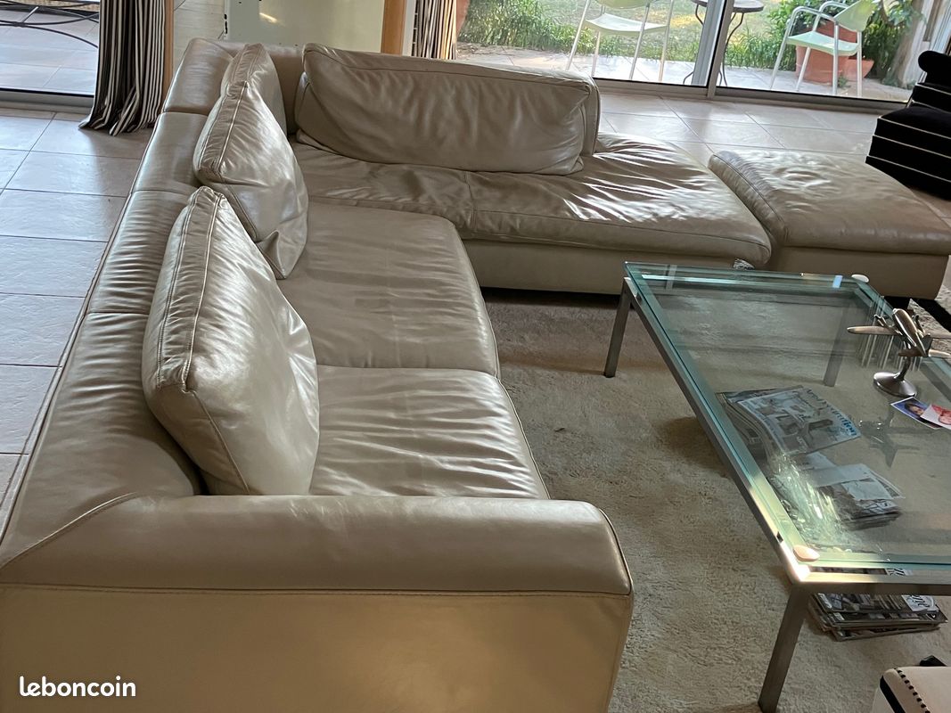 Vente canapé blanc cassé avec méridienne + pouf (image 2)
