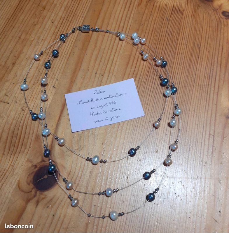 Collier Vintage Perles Gris Bleu Pastel Argenté - Ancien Bijou Fantaisie - État Impeccable