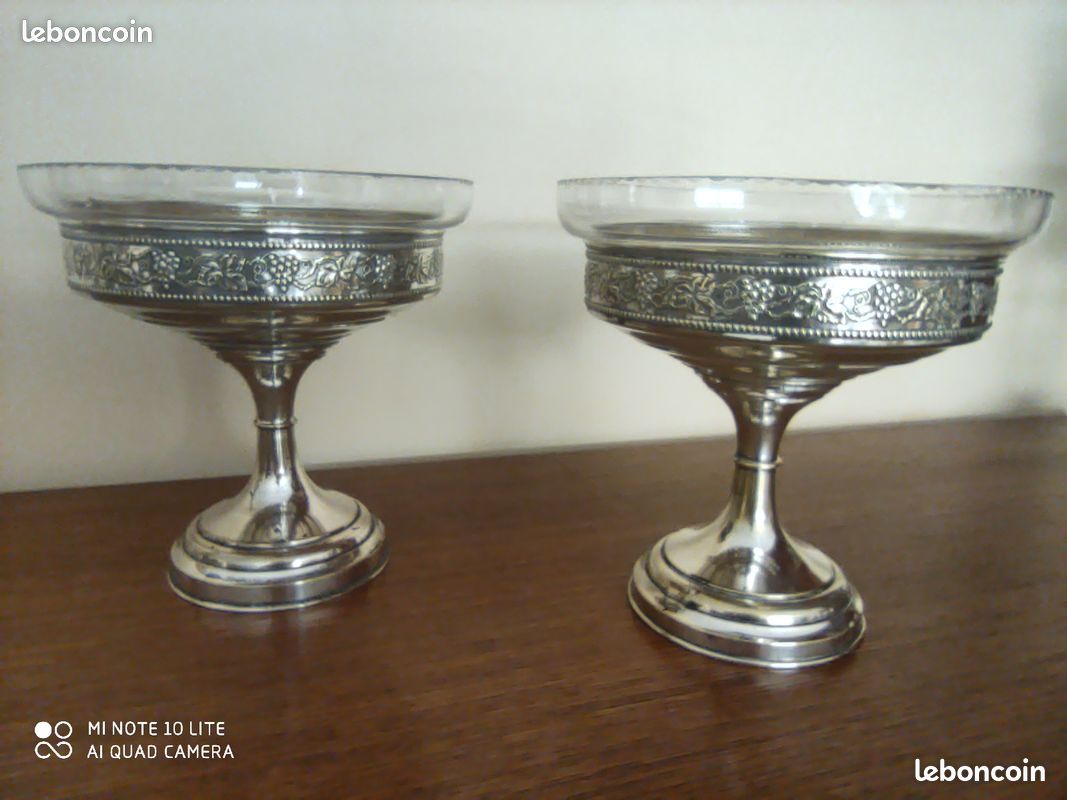 Paire Coupes Art Déco Métal Argenté et Verre Taillé (image 6)
