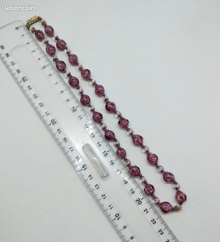 Ancien Collier Sautoir En Pâte De Verre Vintage - Style Murano - Très Bon état