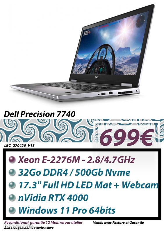 PC Portable Dell Precision 7740 Intel Xeon E-2276M 32Go DDR4 500GB NVME Windows 11 FHD RTX 4000 - reconditionné garantie 1 an (image 1)