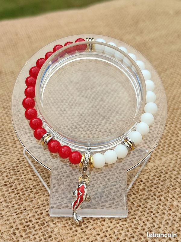 Bracelet JADE ROUGE/AGATE BLANCHE MATE - Carpe Koï - Pierres Naturelles et Breloque S925 (image 4)