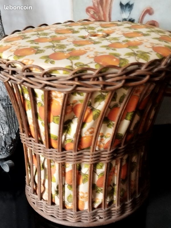 Travailleuse en rotin bambou et tissu ANNEES 70-panier ouvrage couture Vintage (image 1)