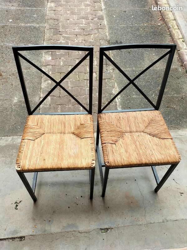 2 Chaises Fer forgé Assise Paille tressée