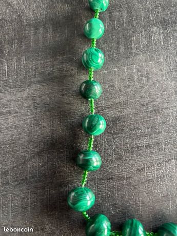 Collier Fantaisie Vintage En Malachite Des Années 50 - Occasion - Bijou Ancien Vert Et Argenté