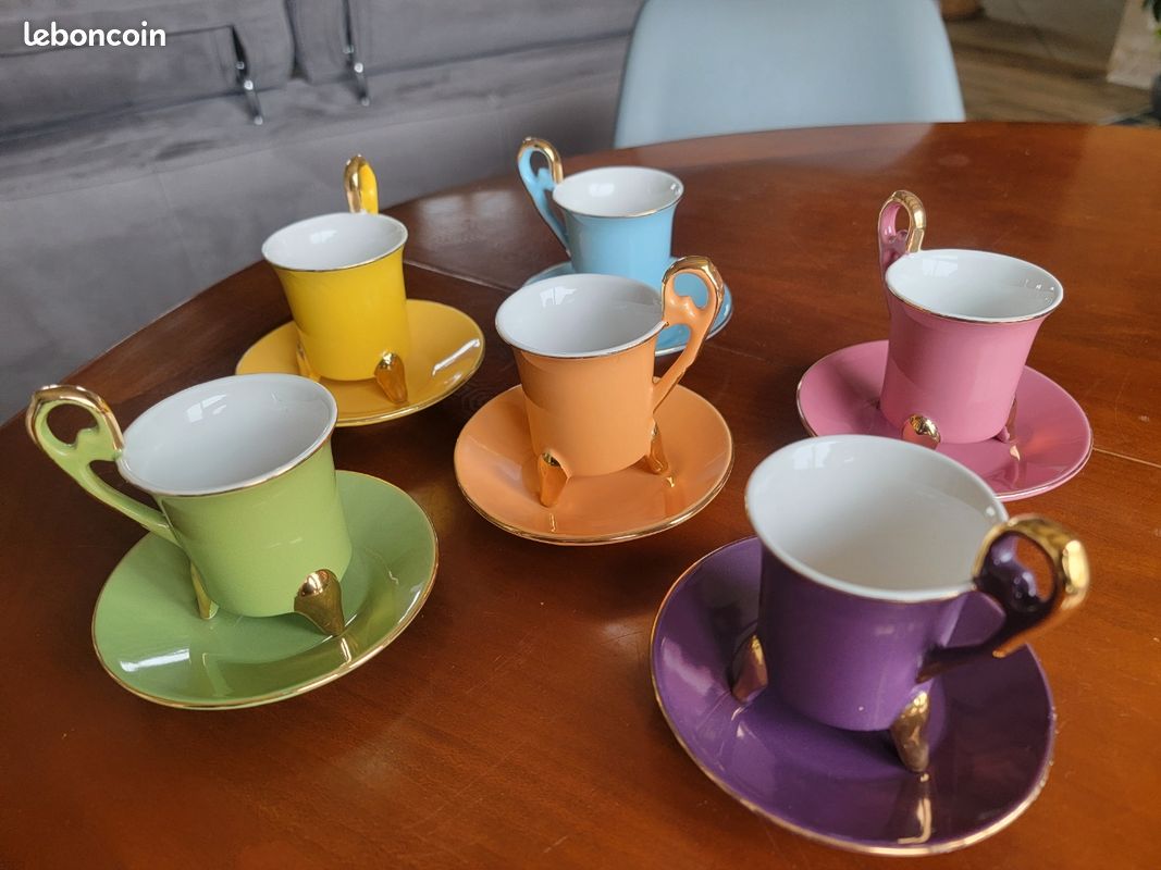 Tasse + Soucoupe Geneviève Lethu - Vert Olive Aquarelle - Porcelaine - Occasion Très Bon état