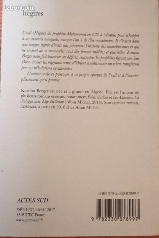 Livre "hégires" de Karima Berger, éditions Actes Sud (image 2)