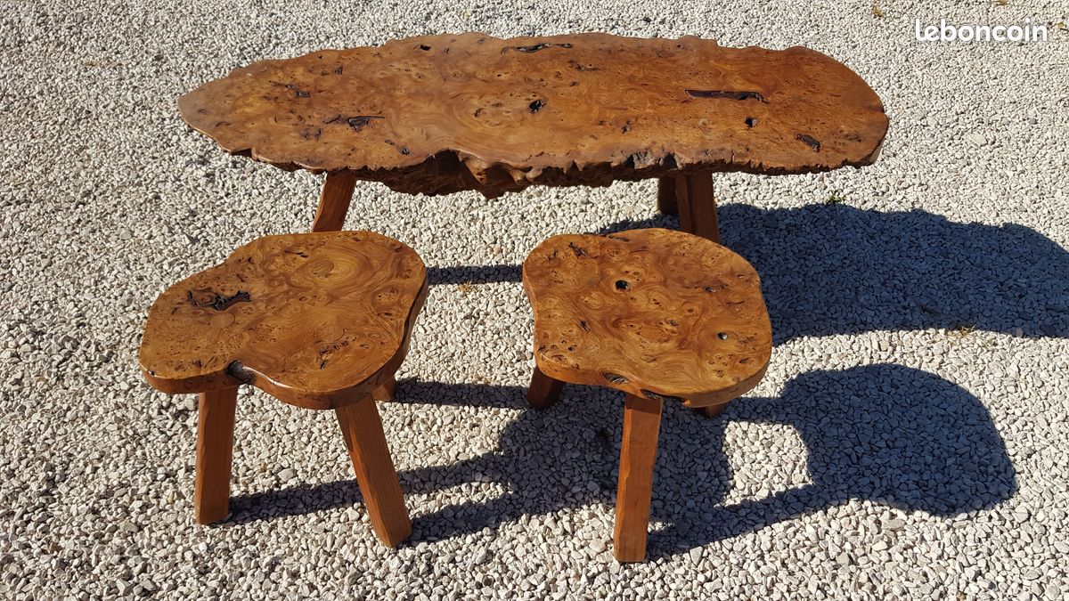 Table basse en loupe d’orme + 2 tabourets - RARE (image 5)