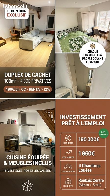 Appartement 5 pièces 100 m² · à Roubaix · 100 m² · 190 000 €