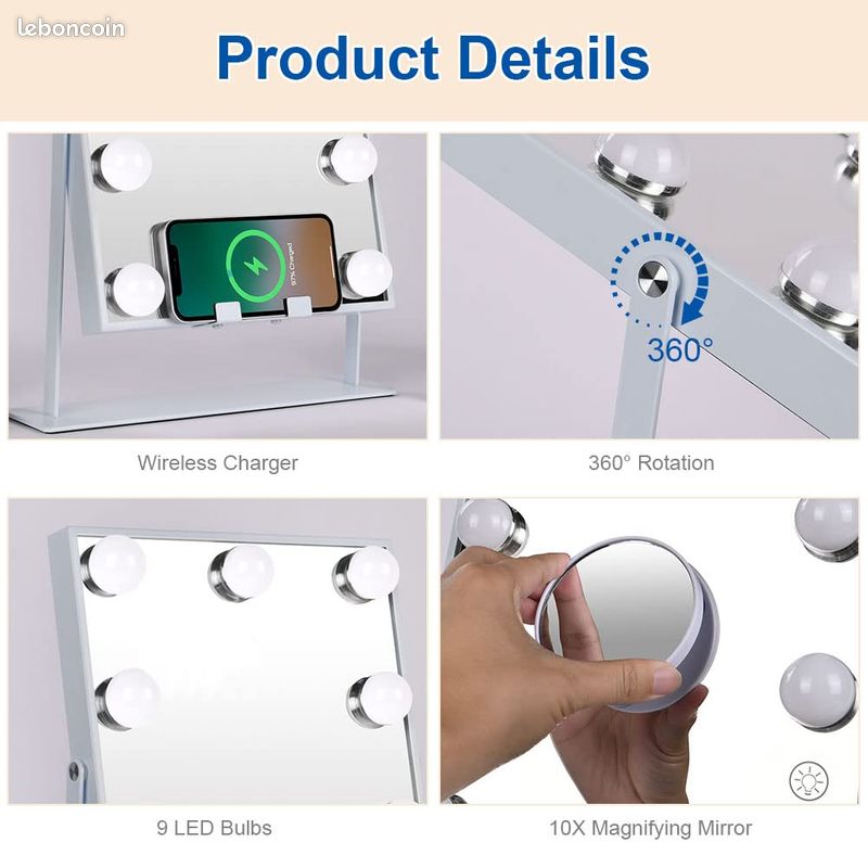 OSDUE Miroir de Maquillage hollywoodien avec lumières, Miroir Cosmétique LED, 9 Ampoules, 3 Modes de Couleur Réglables Contrôle Tactile, avec Miroir Grossissant x10, Rotation Réglable à 180 °, 30x25cm (image 4)