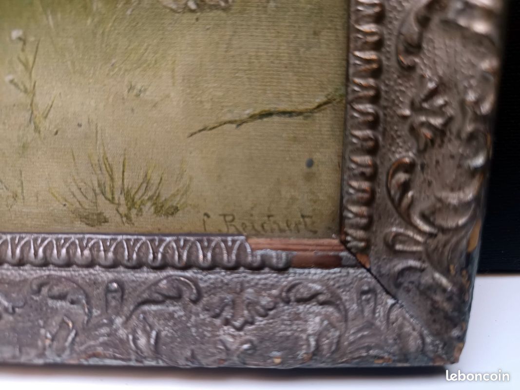 Oléographie ancienne de Carl Reichert - Scène de chasse aux chiens (image 2)