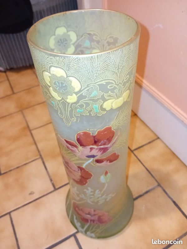 EXCEPTIONNEL : Grand Vase Rouleau Emaillé coquelicots 35 cm Art Nouveau (image 1)