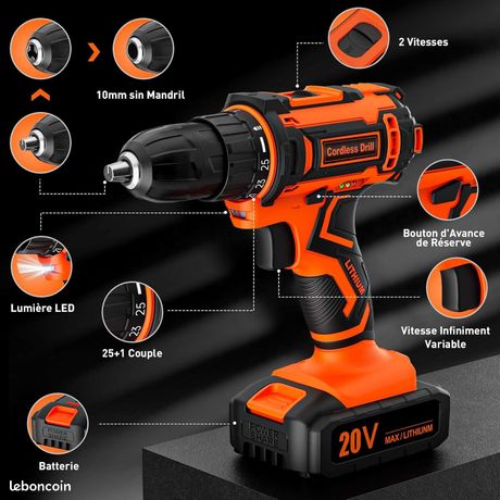 Perceuse-Visseuse Sans Fil 20V VIWKO - 42 Nm, 25+1 Positions, Kit De 56 Accessoires, LED, Idéale Bricolage (Rose)