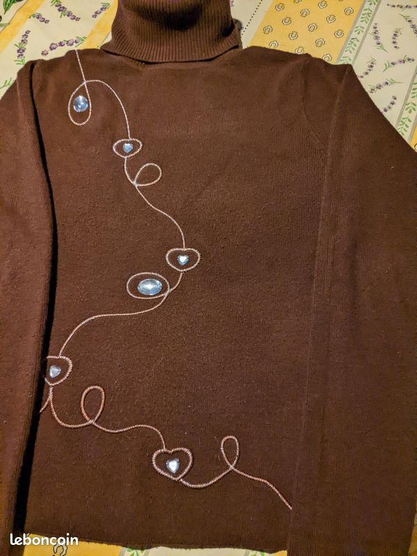 Pull laine marron col roulé fantaisie T : 38 TBE (image 2)
