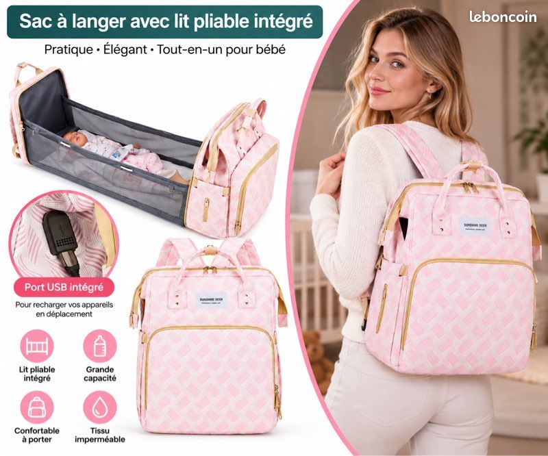 Sac à langer 3-en-1 avec lit bébé intégré + Port USB – Neuf (image 1)
