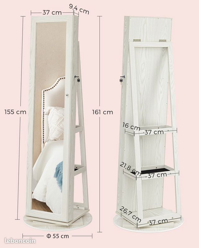 Armoire à bijoux sur pied avec miroir – rangement maquillage – blanc – neuve (image 5)
