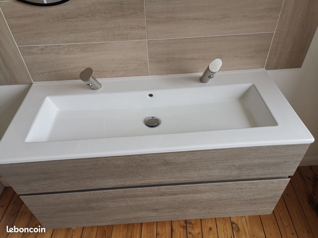 Meuble double vasque Cooke & Lewis CALAO 120 cm, coloris chêne gris, état neuf, vendu sans robinette (image 2)