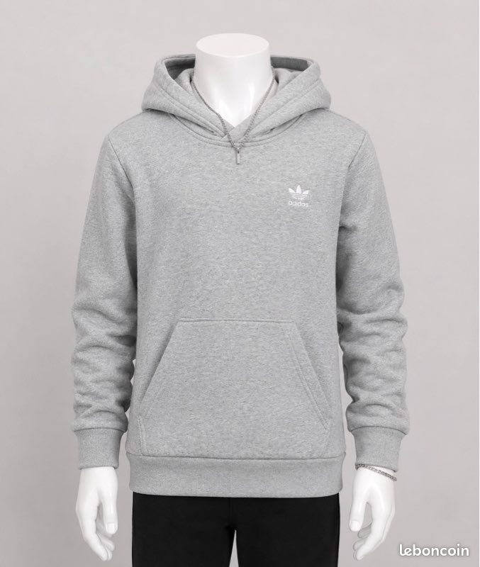 Adidas Originals | Sweat à capuche gris chiné Trefoil logo brodé blanc poche kangourou molletonné | Taille 12 ans | Neuf (image 1)