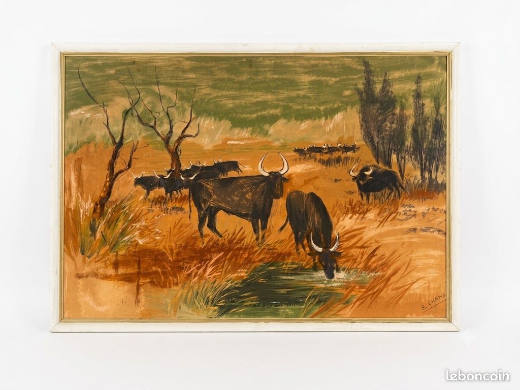 Grand tableau ancien signé K. Chamby - Scène de taureaux / manade en Camargue (image 1)