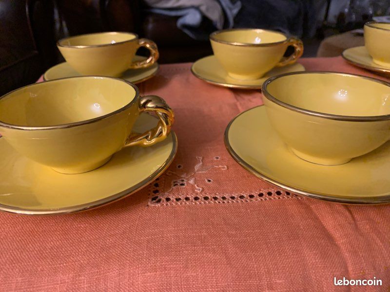 Lot De 5 Tasses à Café Publicitaires Style Vallauris - Céramique Marron, Vintage