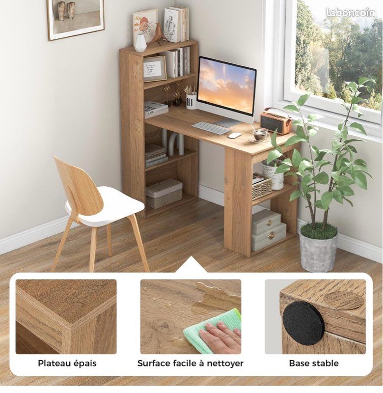 Tout neuf Bureau d'Ordinateur Réversible avec Bibliothèque, Poste de Travail Moderne avec Étagères de Rangement à 6 Niveaux, Assemblage Facile, pour Maison, Bureaux (Naturel) (image 4)