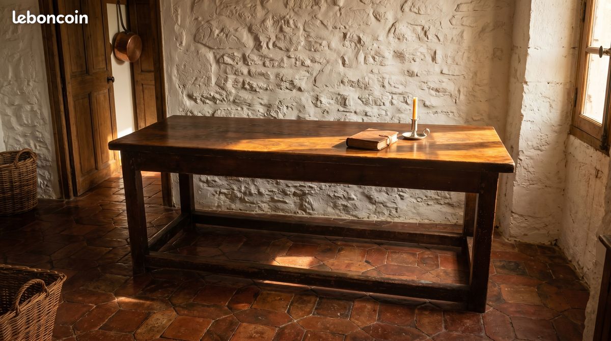 Ancienne table de ferme étroite en bois massif 2m – Bureau de métier rustique chic (image 1)