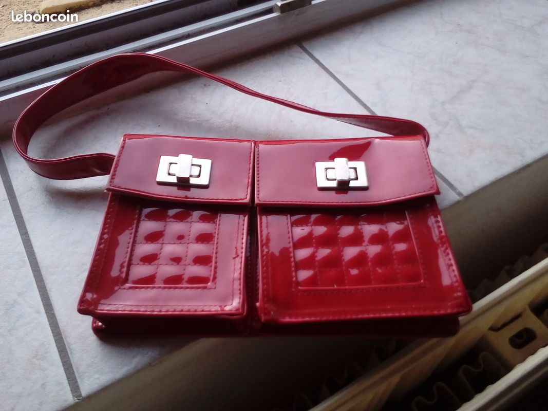 Sac à main vintage synthétique rouge, verni TDT bags (image 5)