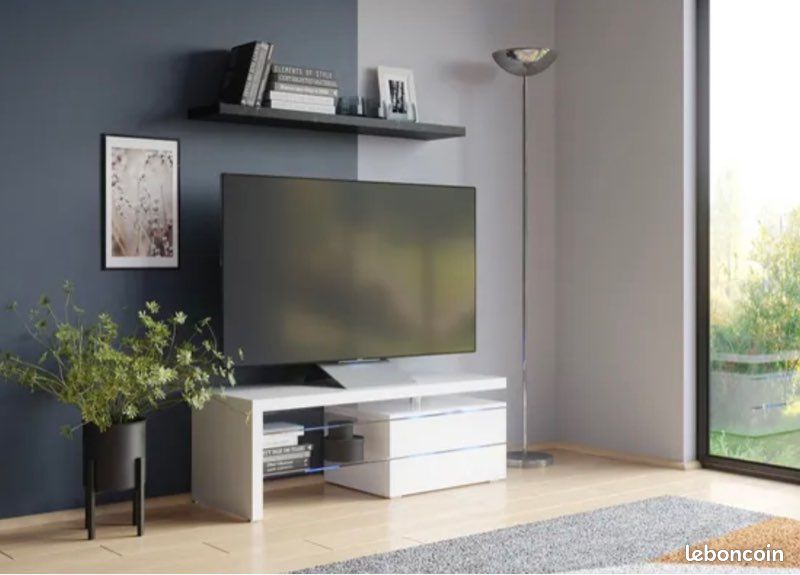 Meuble Tv blanc laqué avec led bleu (image 5)