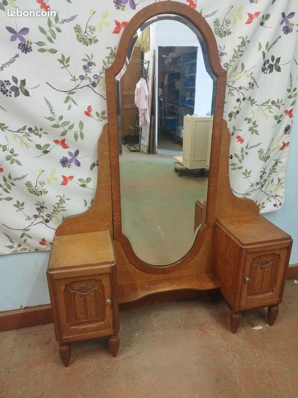 Coiffeuse psyché Art déco en chêne massif un miroir biseauté pivotant et un petit meuble de chaque côté (image 1)
