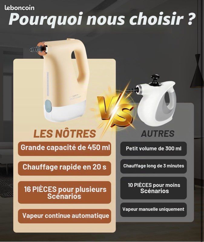Nettoyeur Vapeur Main 1200W - 15 Accessoires - Chauffe en 20s - Réservoir 450ml (image 6)
