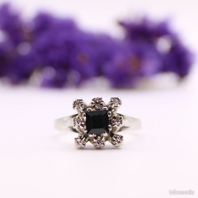 Bague Marguerite or blanc saphir et diamants (image 5)