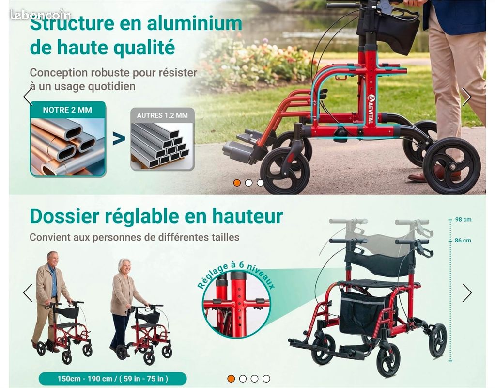 Déambulateur pliable 2 en 1 pour fauteuil roulant, pliable et léger, avec siège, en aluminium, avec porte-canne et sac de courses amovible, déambulateur étroit pour appartement (image 3)
