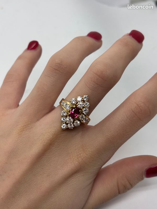 Bague ancienne or jaune 18K rubis 1 ct et diamants 1,50 ct (image 2)