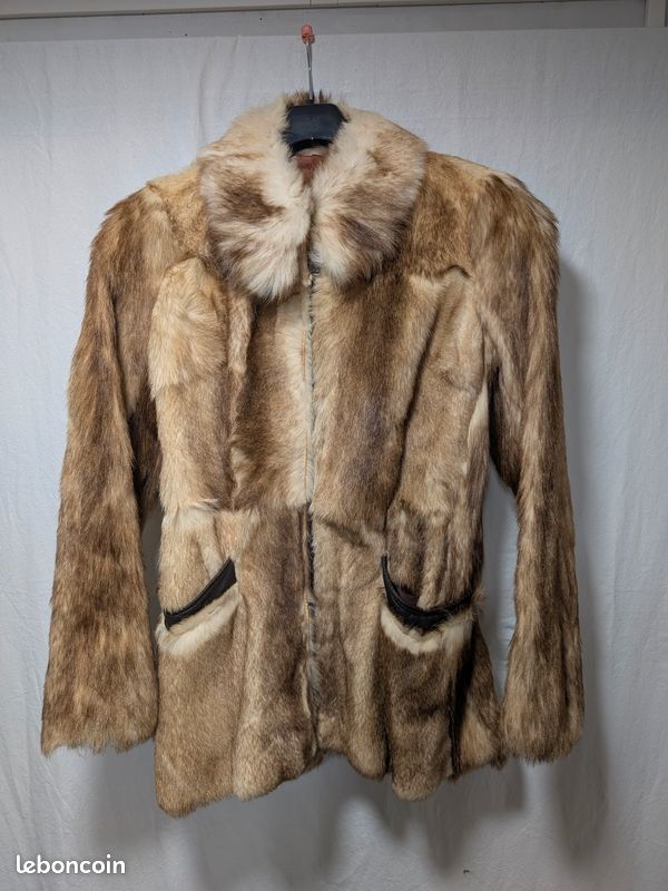 Manteau Vintage En Fourrure Femme Taille S - Beige, Mi-long, Col Et Poches, Pour Automne/Hiver