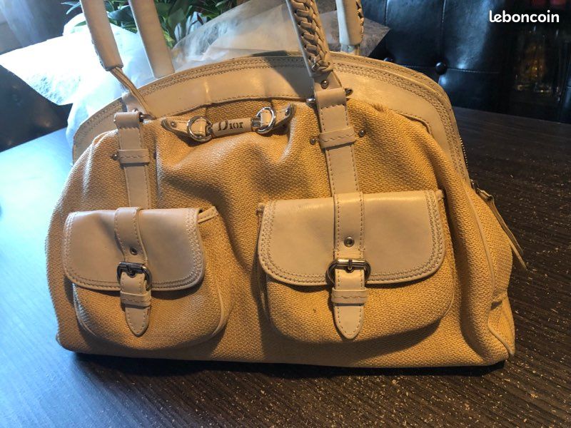 Grand Sac à main de luxe DIOR en cuir et toile beige (image 9)