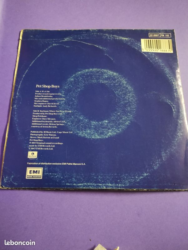 Disque vinyle 45 Tours Pet Shop Boys "It's a sin" (image 2)