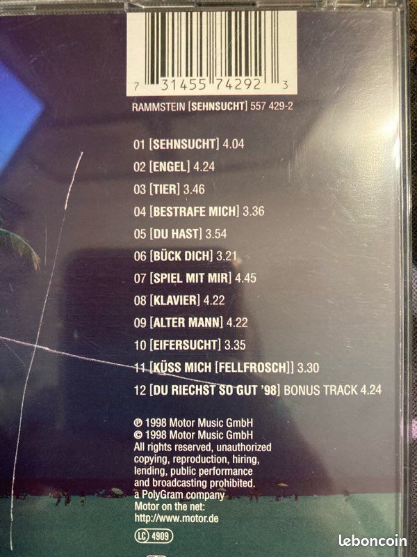 Rammstein Sehnsucht Limited Édition Bonus Du Riechst 98 Rare (image 5)