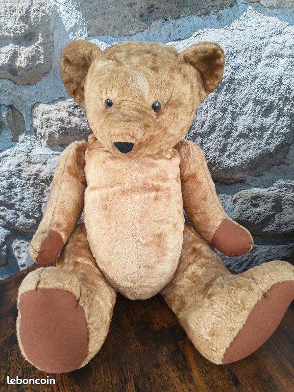 Vieux Ours En Peluche 40 Cm - Rembourrage Paille De Bois - Années 1950 - Vintage